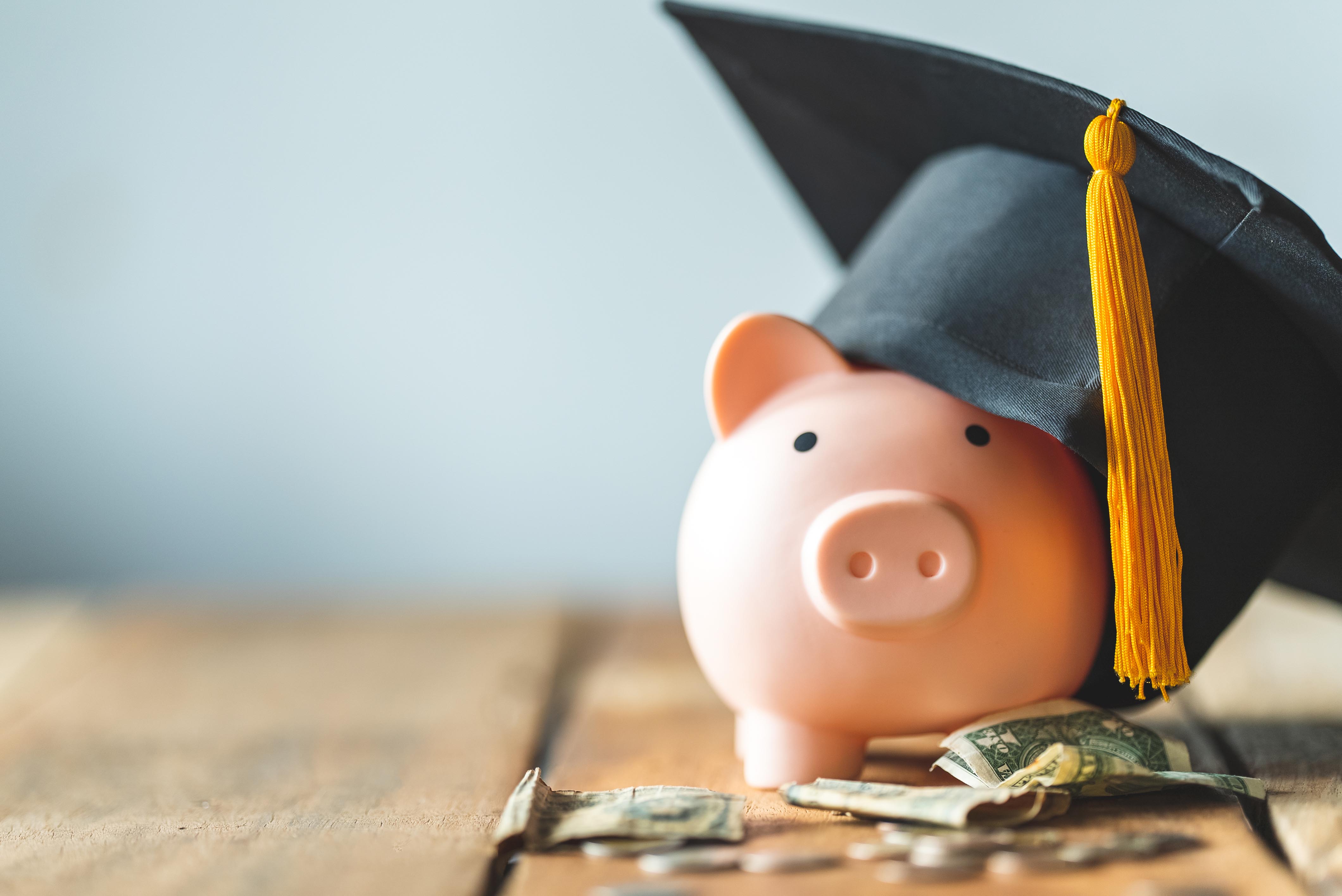 Piggy bank wearing a graduation cap